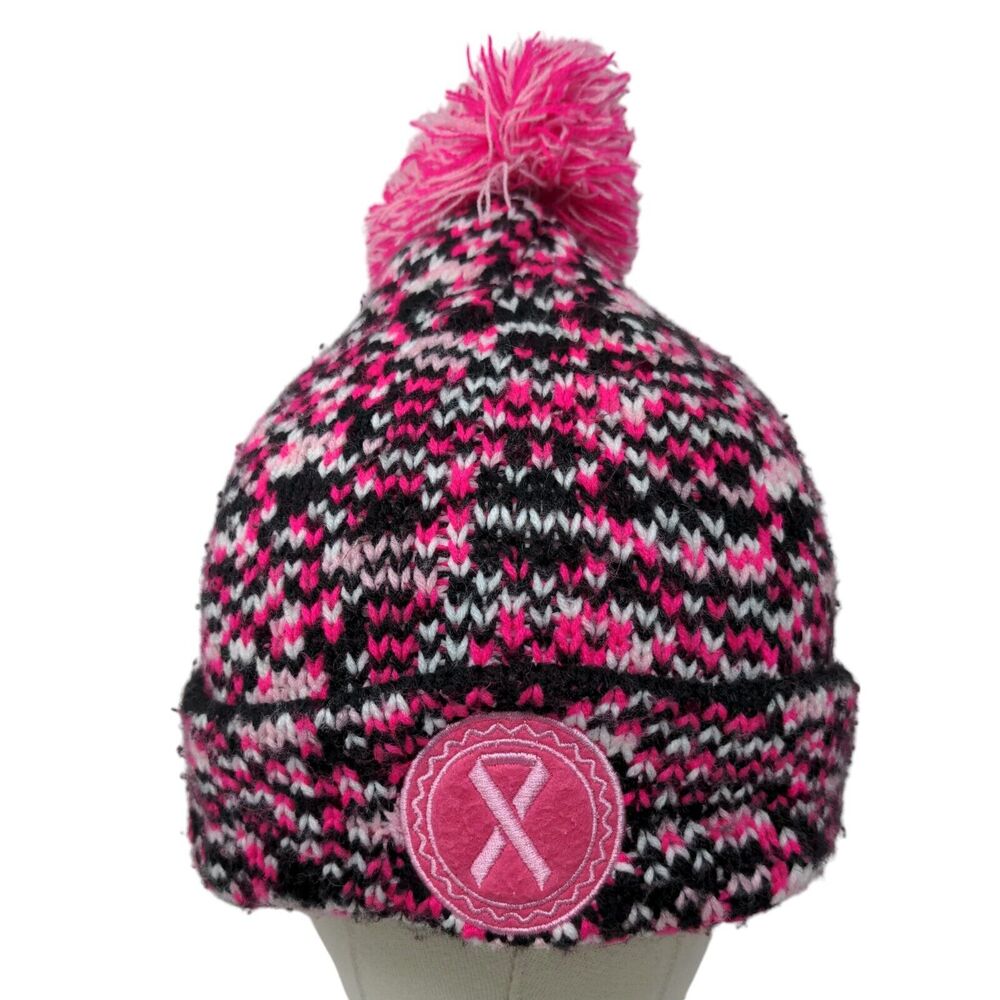 Support The Cure Pink Ribbon Knit Pom Pom Beanie Hat Multicolor OSFM